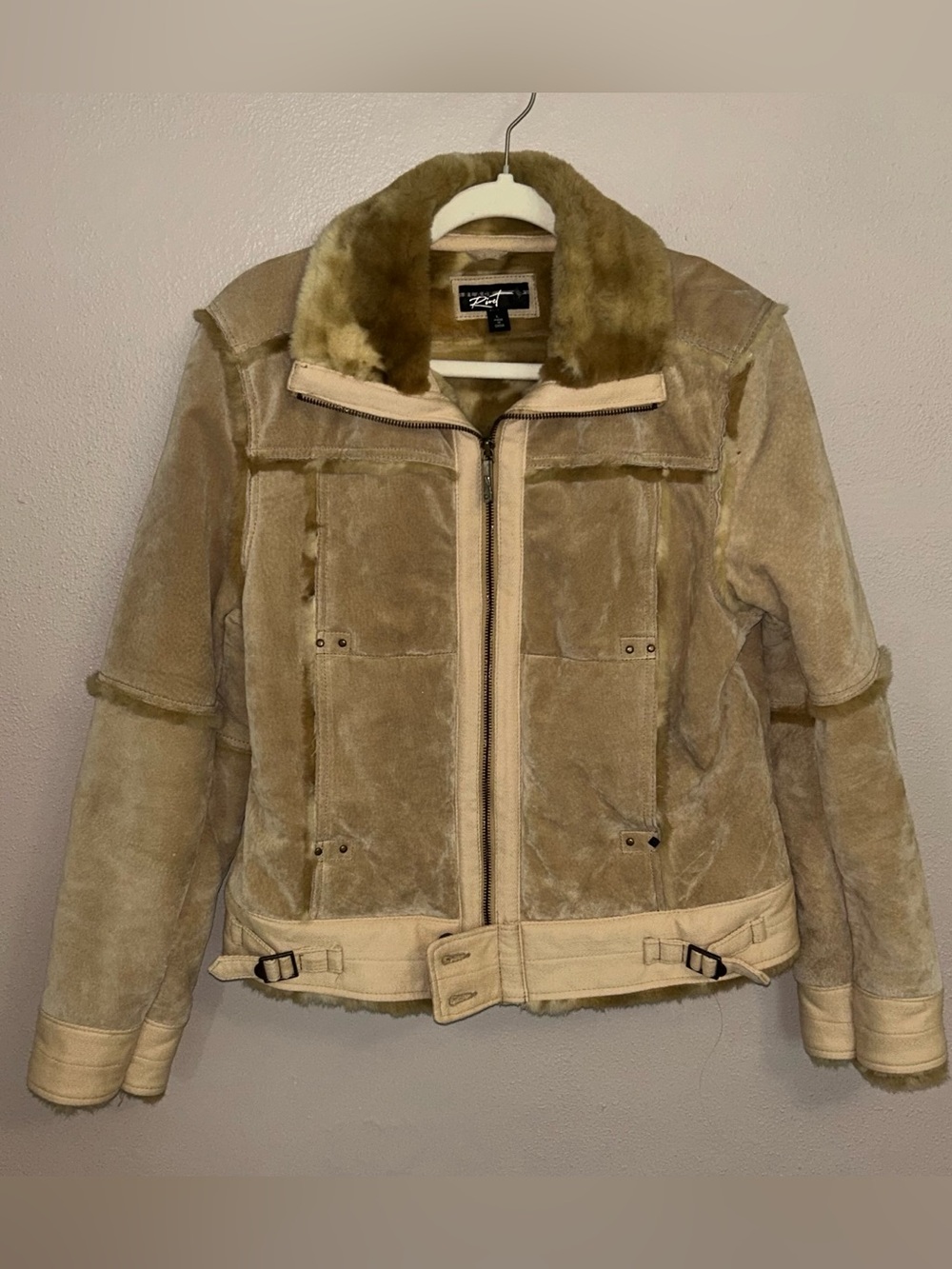Black Rivet Womens L Faux Shearling Aviator Jacket Fur Collar Tan Moto Y2K